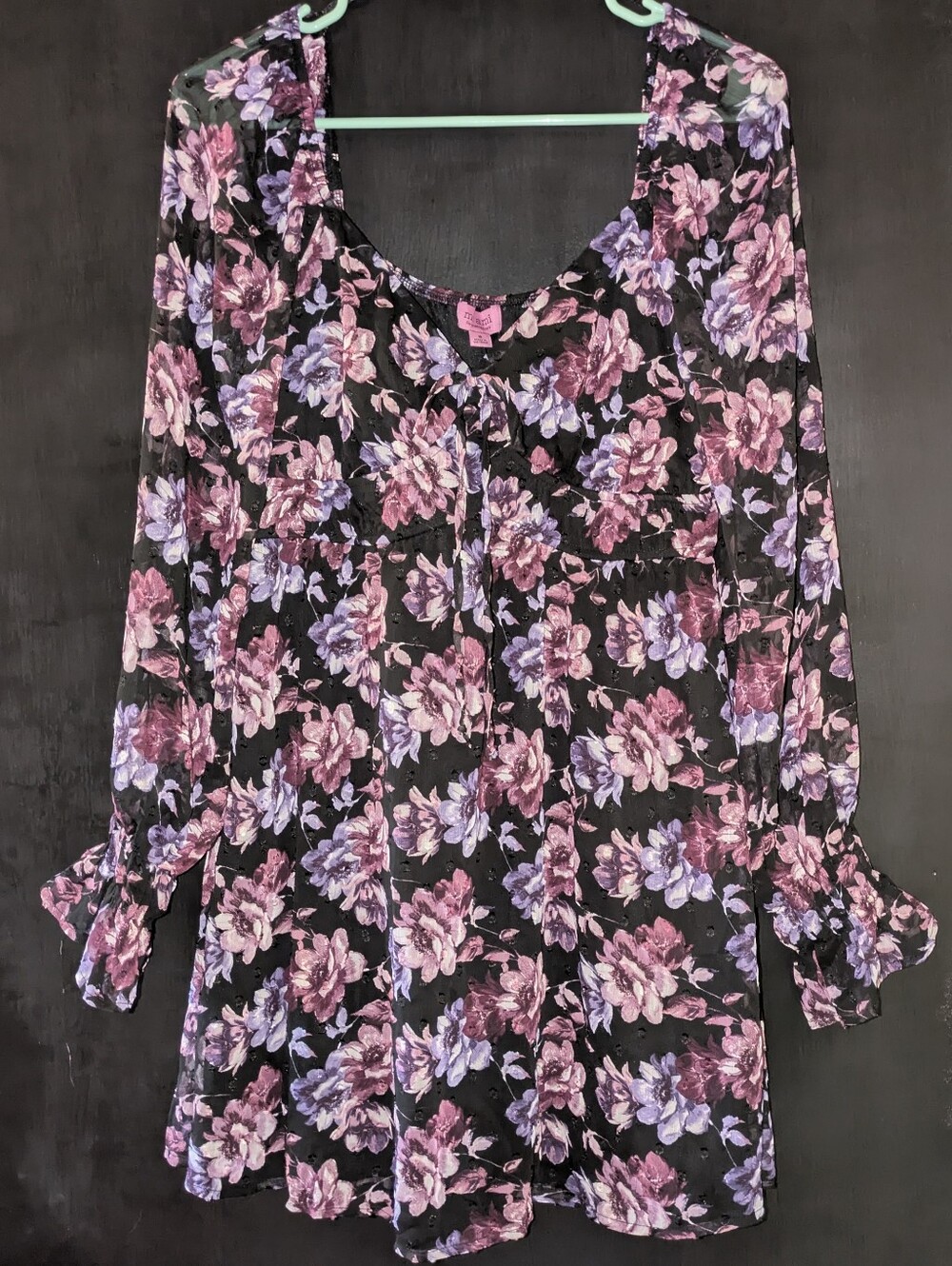 Floral Sheer Long-Sleeve Tunic - Black with Pink & Lavender Blooms